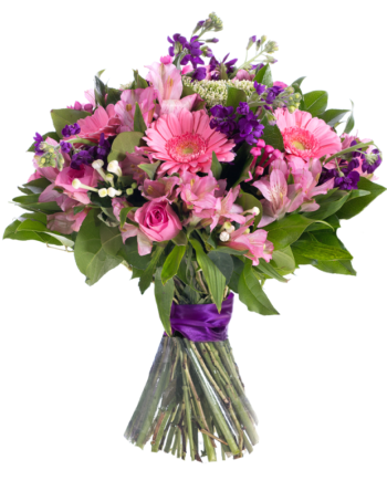 bouquet of pink roses, gerbera daisies and alstroemerias.2
