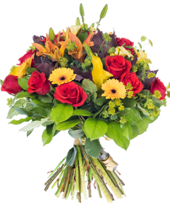 bouquet of roses, daisies and lilies in shades of yellow and red2